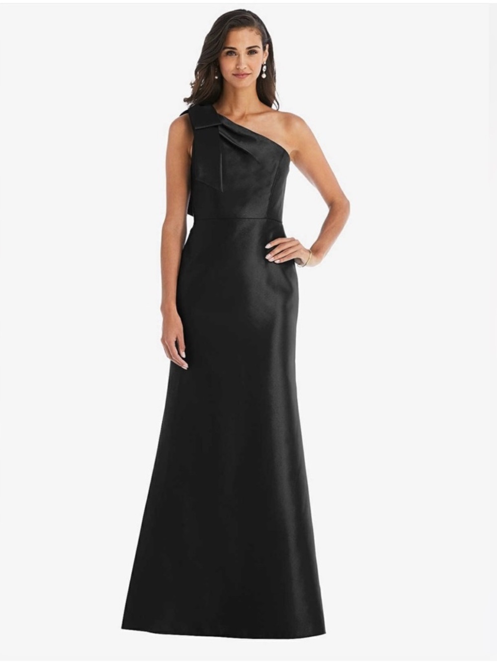 Alfred Sung Bow One-Shoulder Satin Trumpet Gown in Black